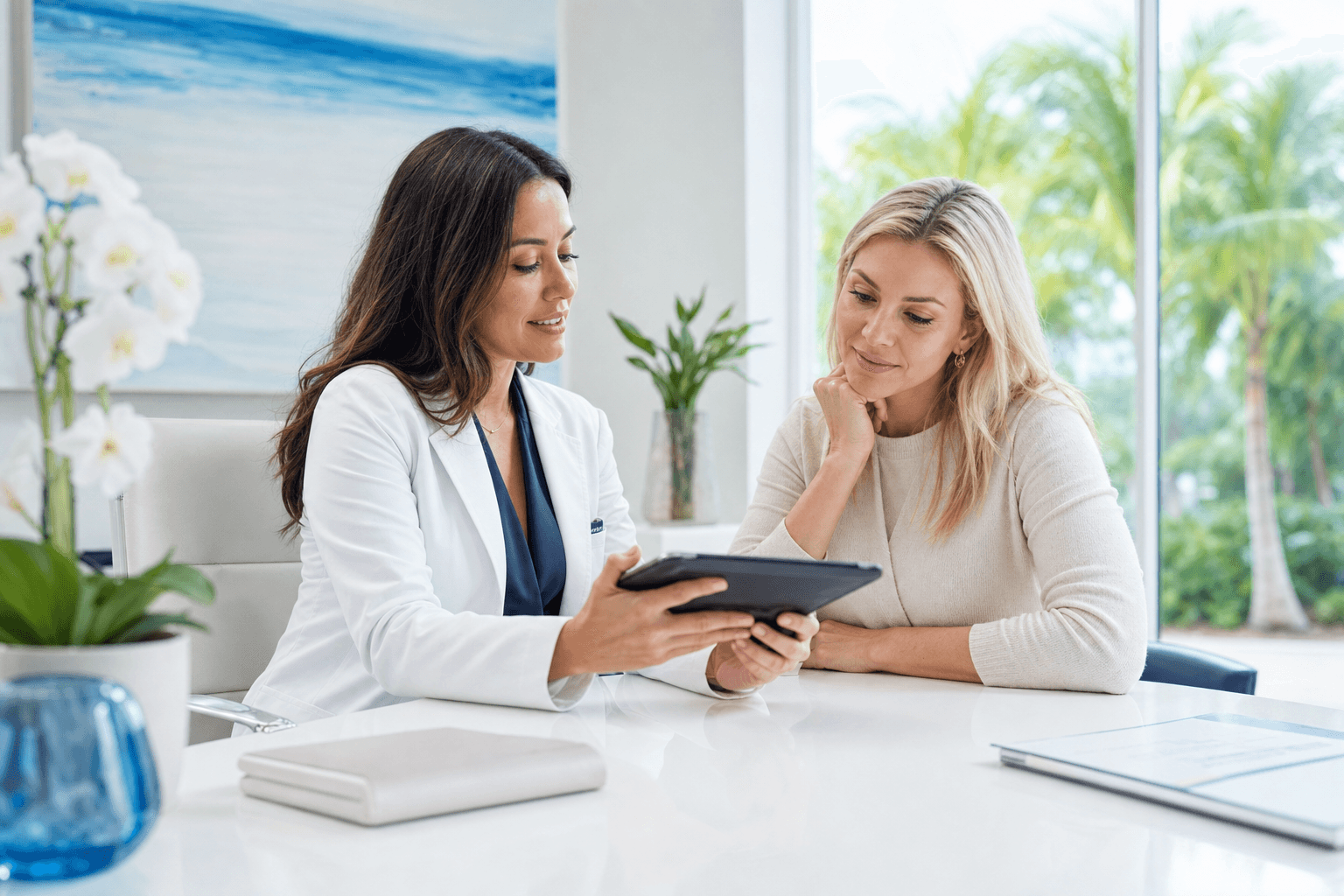 Clinician reviewing hormone optimization lab results with a patient