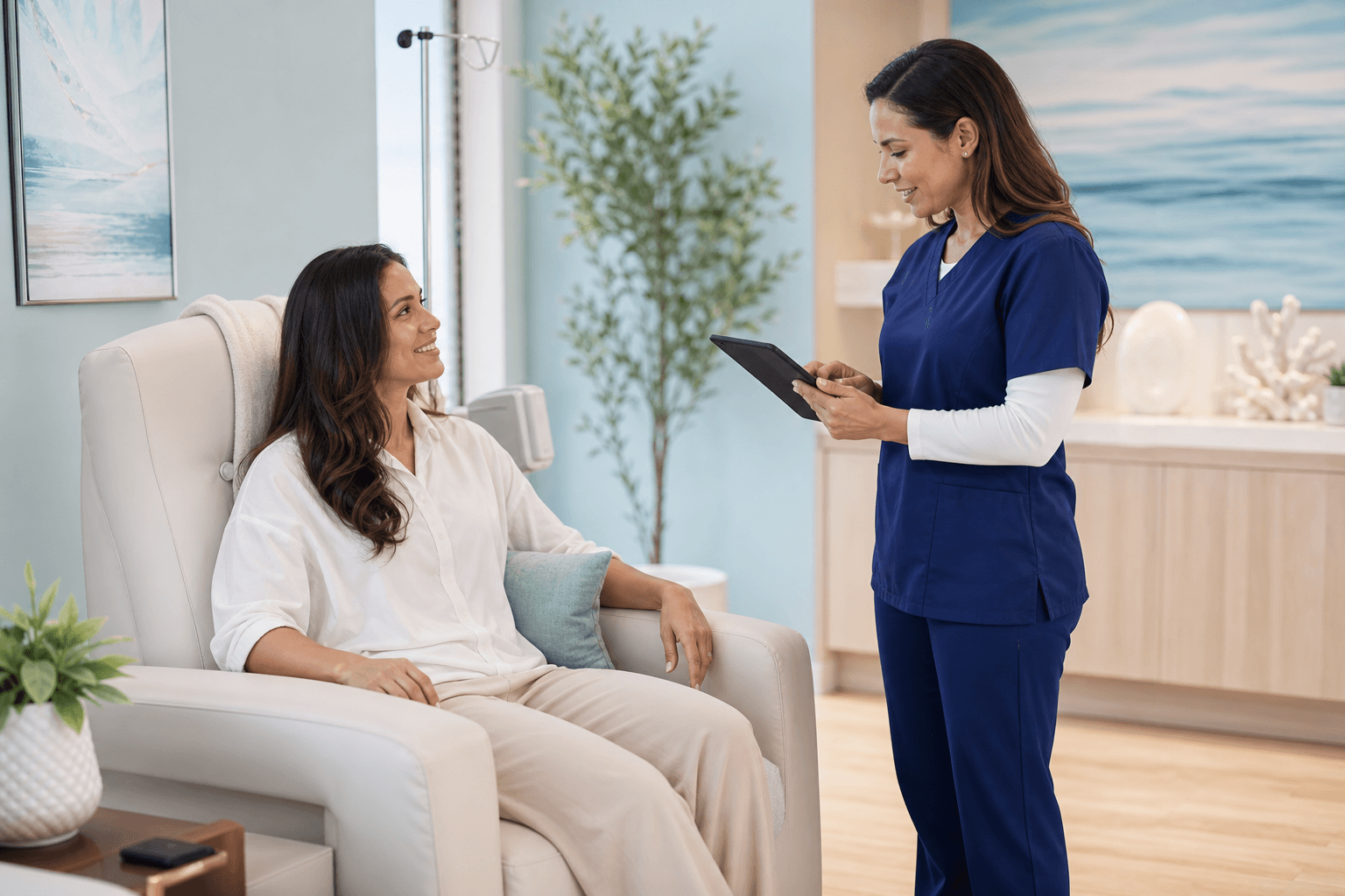 Patient relaxing in a private IV therapy recliner suite with a clinician