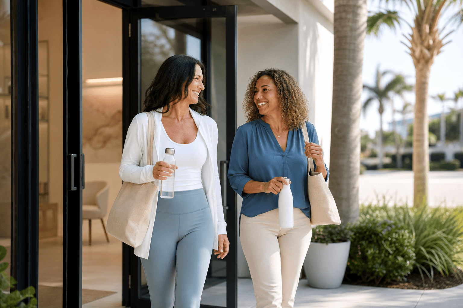 Two Florida Renu wellness members leaving a clinic after recurring appointments