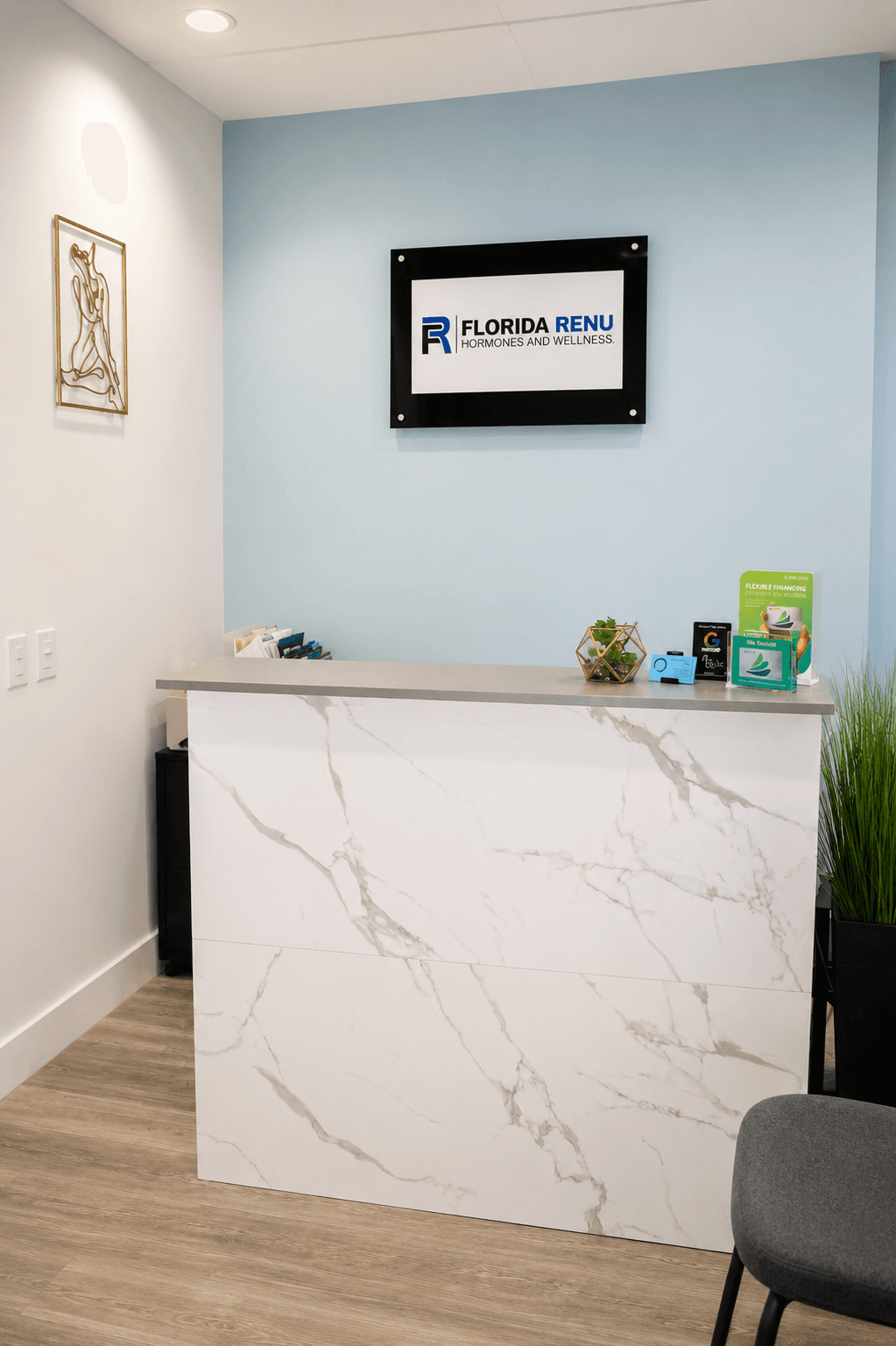 Marble reception counter at Florida Renu wellness clinic